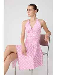 Light Pink Polka Dot Skater Degaje Collar Thin Straps Sleeveless Mini Stretchy Knitted Dress - 1