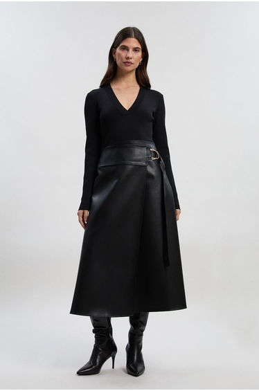 Petite Figure Form Pu Mix Tab Detail Pleated Knit Midi Dress