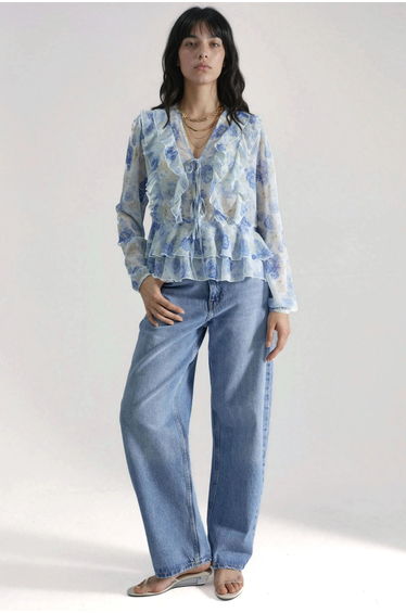 Frilly V-Neck Patterned Blouse
