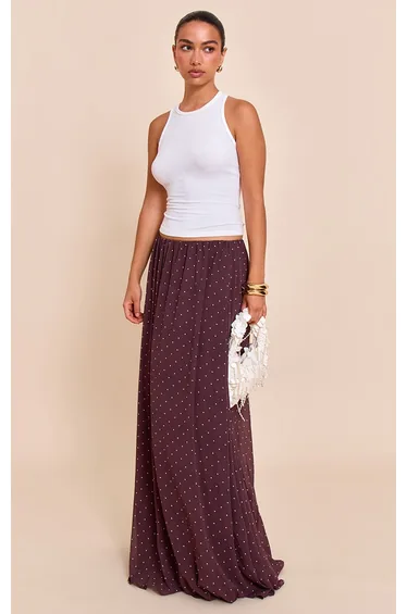 تنورة ماكسي شيفون بطبعة منقطة لون بني