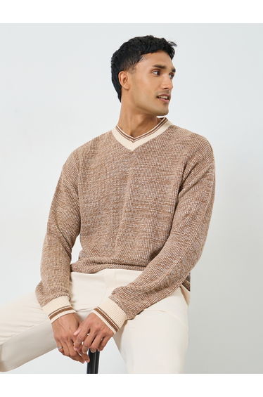 Men Cream Knit Relaxed Fit Sweater