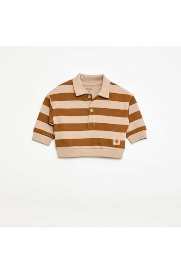 Striped Polo Collar Sweatshirt BEIGE