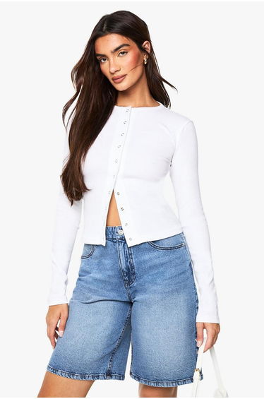 Rib Popper Front Long Sleeve Top - white
