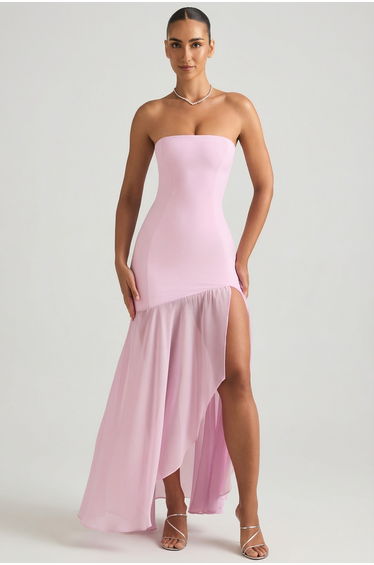 Asymmetric Strapless Fishtail Maxi Dress in Soft Pink