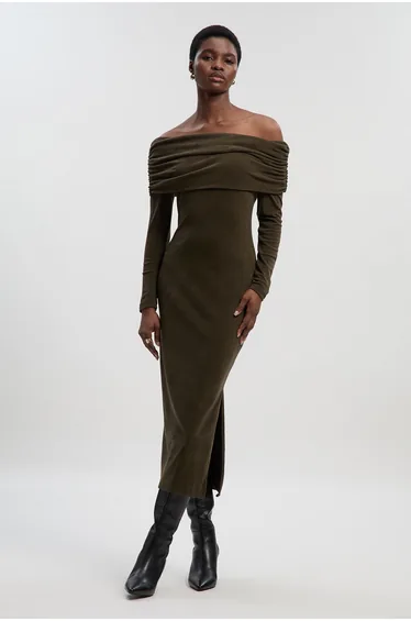 Petite Off The Shoulder Brushed Textured Jersey Dress
