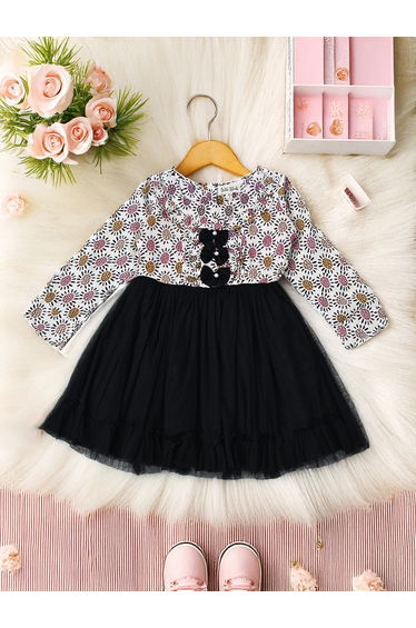 All-Over Print Long Sleeve Cotton Dress with Ruffle Trim
