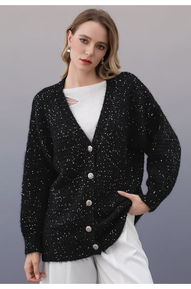 Supple Sequin Embellished Button Oversize Knit Cardigan in Black