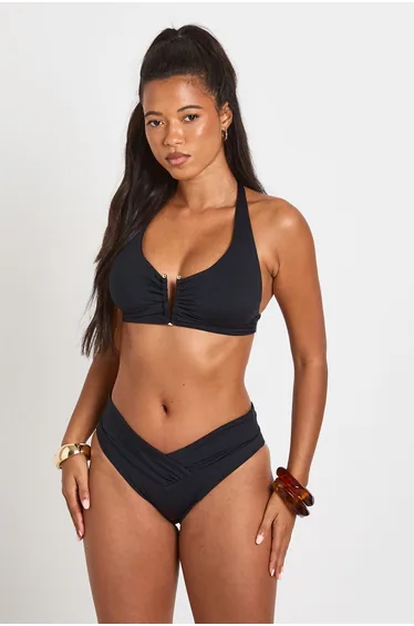 Plunge Halterneck Bikini Top and High Leg Bikini Bottoms - black