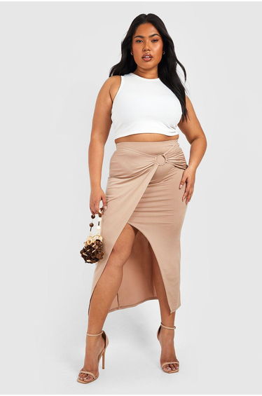 Plus Slinky Ring Detail Midaxi Skirt - stone