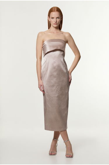 Petite Italian Structured Textured Satin Bandeau Tailored Midaxi Dress