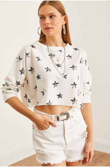 Women's Foil White Printed Crop Thin Sweatshirt