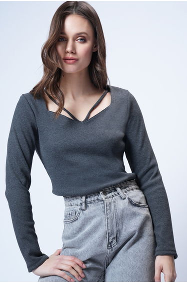 Women Anthracite Heart Neck Long Sleeve Knitted Blouse