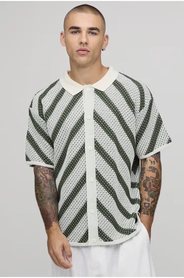 Relaxed Fit Stripe Open Stitch Knitted Shirt - olive