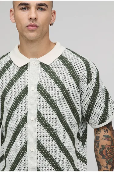 Relaxed Fit Stripe Open Stitch Knitted Shirt - olive