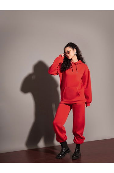 Women Red Solid Fleece Drawstring Baggy Joggers