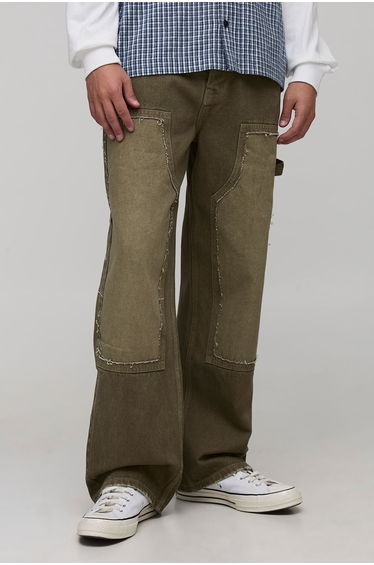Relaxed Fit Washed Carpenter Distressed Worker Jeans - green