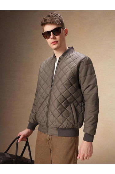Men Brown Quilted Bomber Jacket
