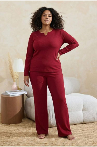 Burgundy v-neck ribbed knit pajama set