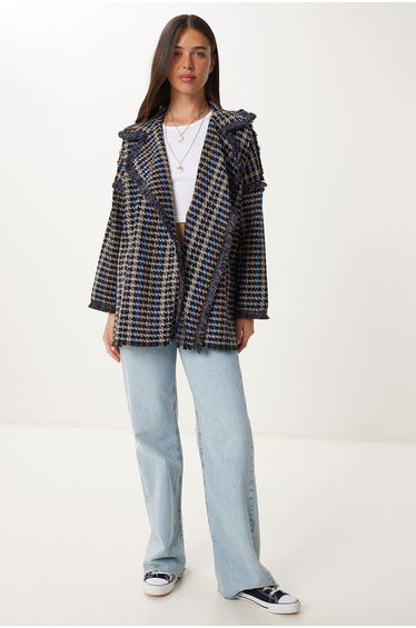 Women's Black Bone Shawl Collar Fringed Tweed Jacket