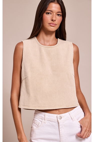 Washed Stone Round Neck Boxy Denim Top