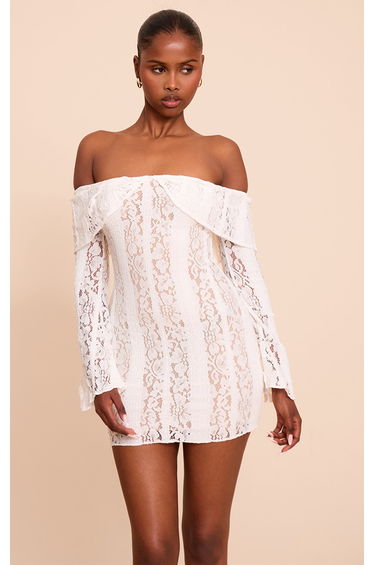 Cream Lace Bardot Long Sleeve Mini Dress