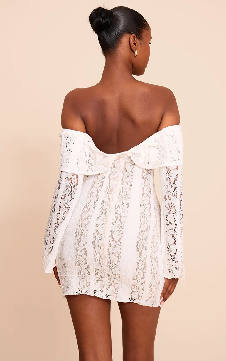 cream lace bardot dress Women's Cream Lace Bardot Long Sleeve Mini Dress