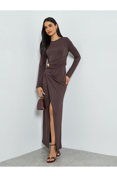 Brown Maxi Dress with Ruching Detail