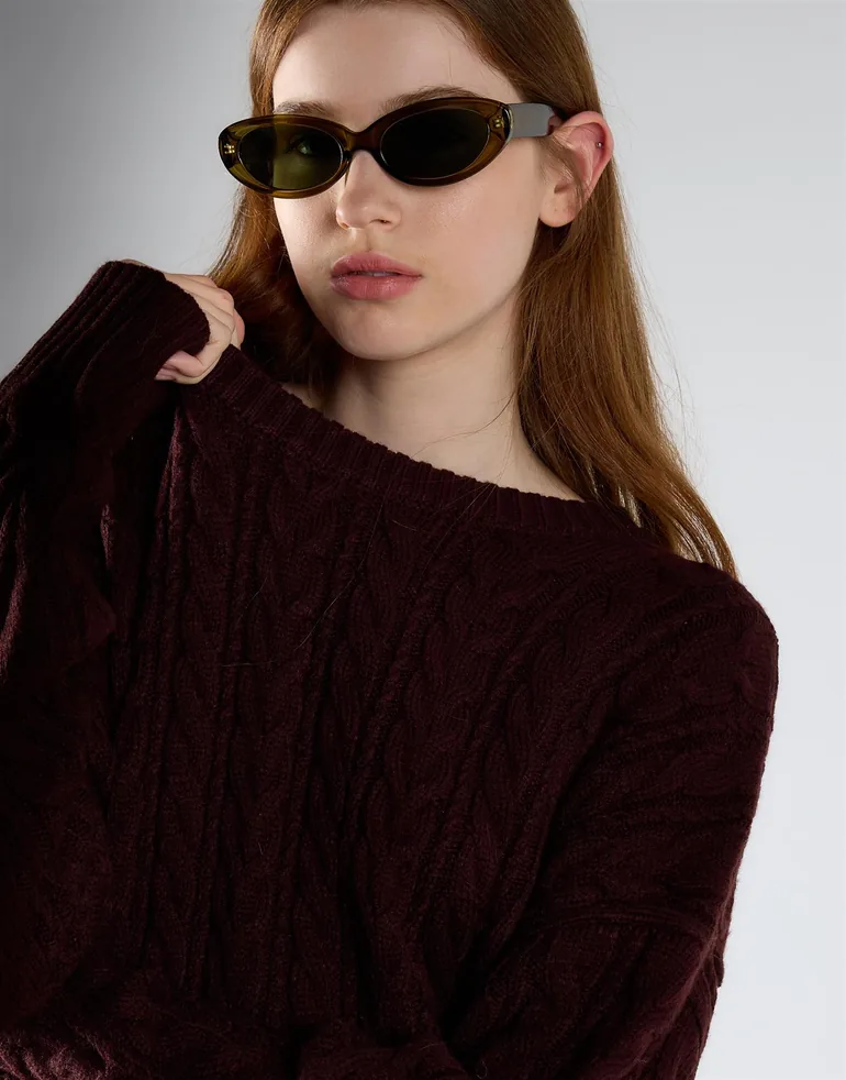 Oxblood Cable Knit Crew Neck Jumper - 2