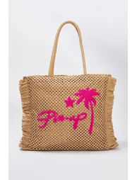 Camel Embroidered Tassel Detailed Straw Women's Maxi Size Tote Shoulder Bag - 2