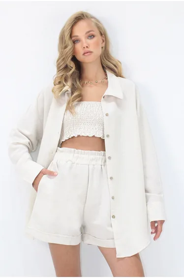 Women's Cream Linen Bustier Double Pocket Shorts and Shirt Set