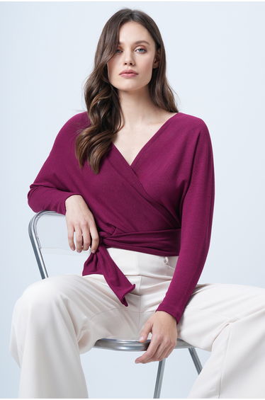 Women's Violet Front Back Double-Breasted Neckline Tie Detail Ottoban Crop Blouse