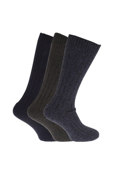 Mens Wool Blend Long Length Socks With Padded Sole (Pack Of 3) - Navy/Marl Khaki/Marl Navy