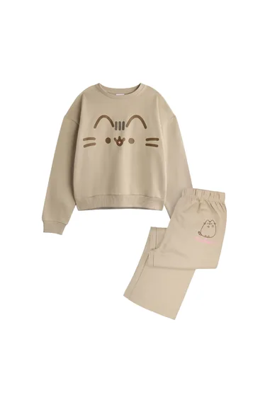 Pusheen Girls Big Face Sweatshirt & Jogging Bottoms - Beige