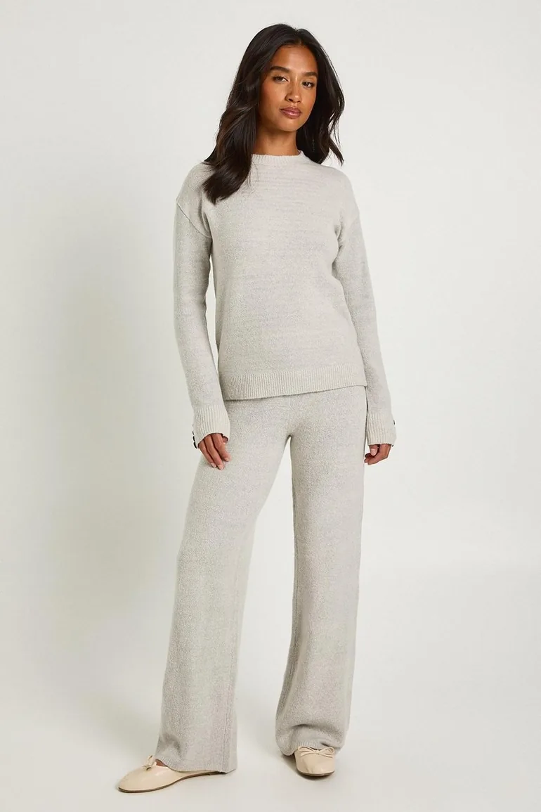 Petite Super Soft Button Cuff Detail Oversized Jumper and Wide Leg Trouser Co-Ord - grey