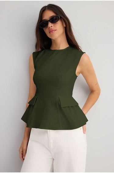 Khaki Cotton Gabardine Peplum Pocket Detailed Woven Blouse