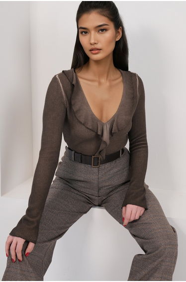 Women's washable coffee v-neck knitted blouse with ruffle detail