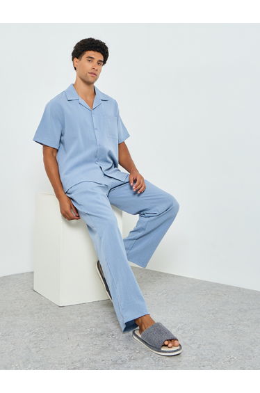 Men Blue Buttoned Shirt and Relaxed Pyjama Set