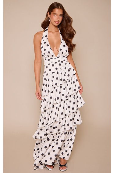 Monochrome Polka Dot Satin Halterneck Frill Maxi Dress