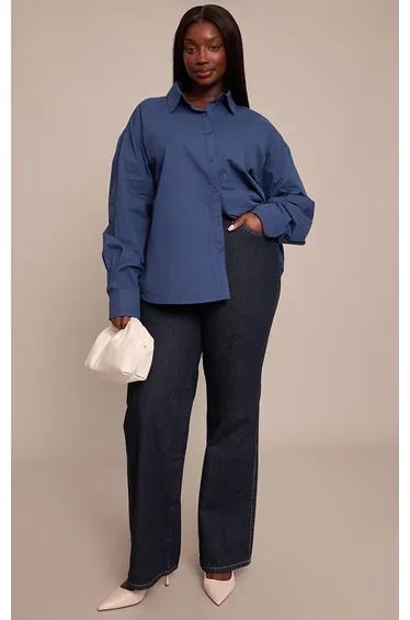 Plus Navy Cotton Multi Button Cinched Shirt