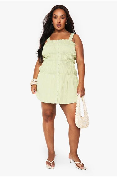 PLUS STRAPPY SHIRRED SKATER DRESS - lime