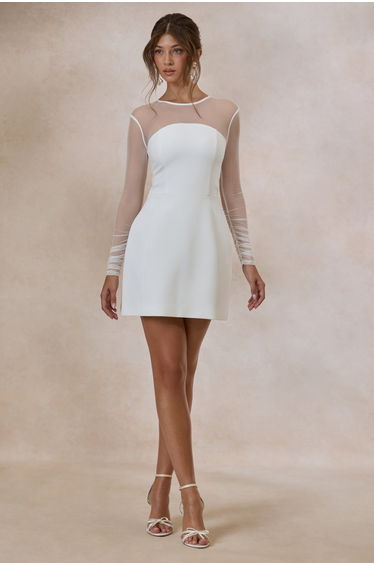 Unveila | White Crew-Neck Mini Dress With Mesh-Detailing
