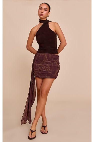 Brown Paisley Print Draped Mini Skirt