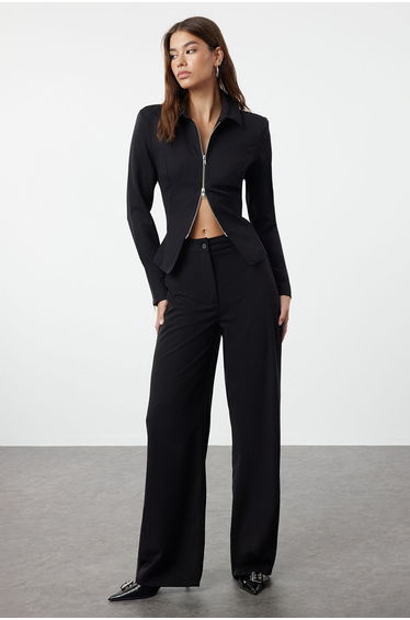Black Wide Leg High Waist Woven Trousers
