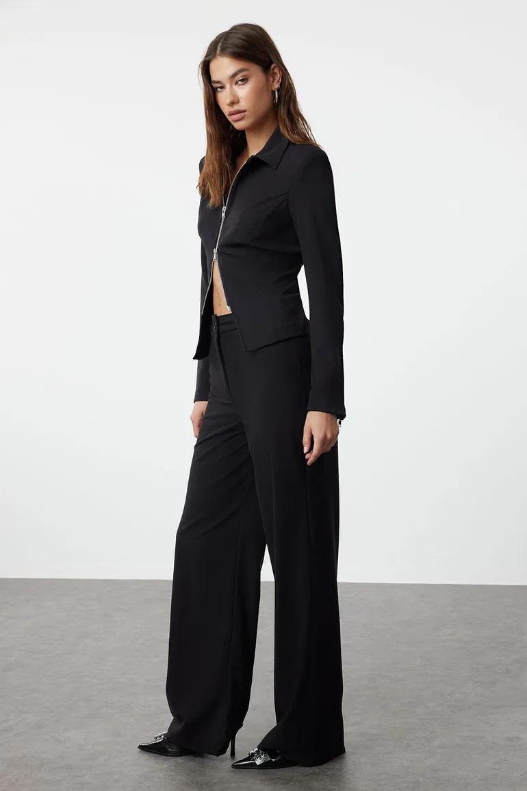 بنطلون بأرجل عريضة بخصر عالي - أسود  - 1