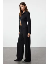 بنطلون بأرجل عريضة بخصر عالي - أسود  - 1