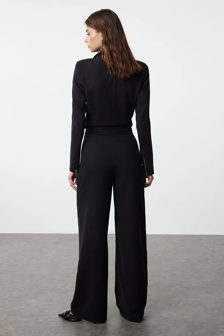 بنطلون بأرجل عريضة بخصر عالي - أسود  - 4