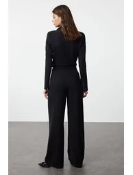 بنطلون بأرجل عريضة بخصر عالي - أسود  - 4