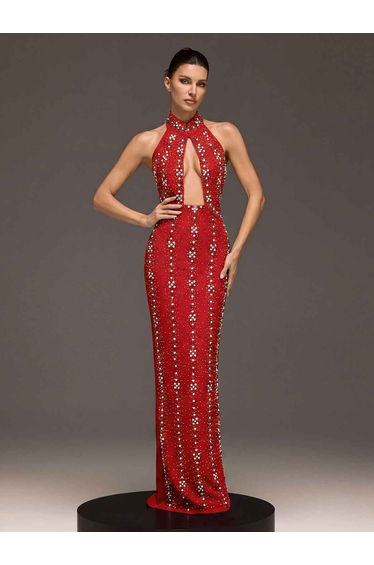 Genvyra Halterneck Cutout Diamond Maxi Dress In Wine