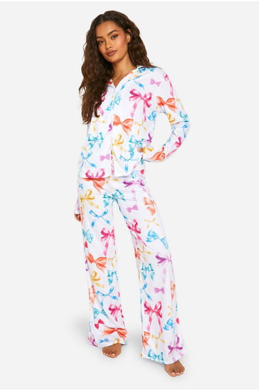 Bow Print Pyjama Shirt And Trouser Set - multi