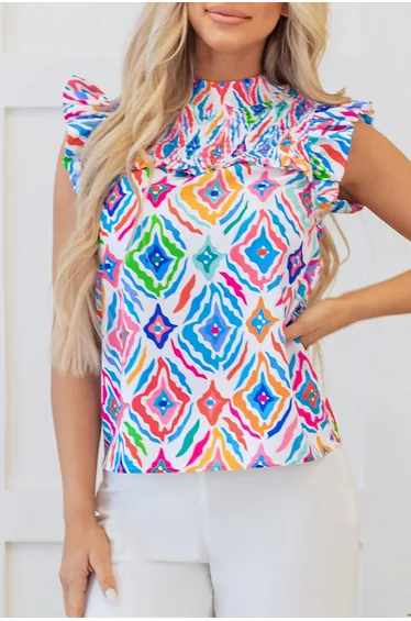 Lvnes Light Blue Geometric Printed Flutter Sleeve Mock Neck Shirred Blouse